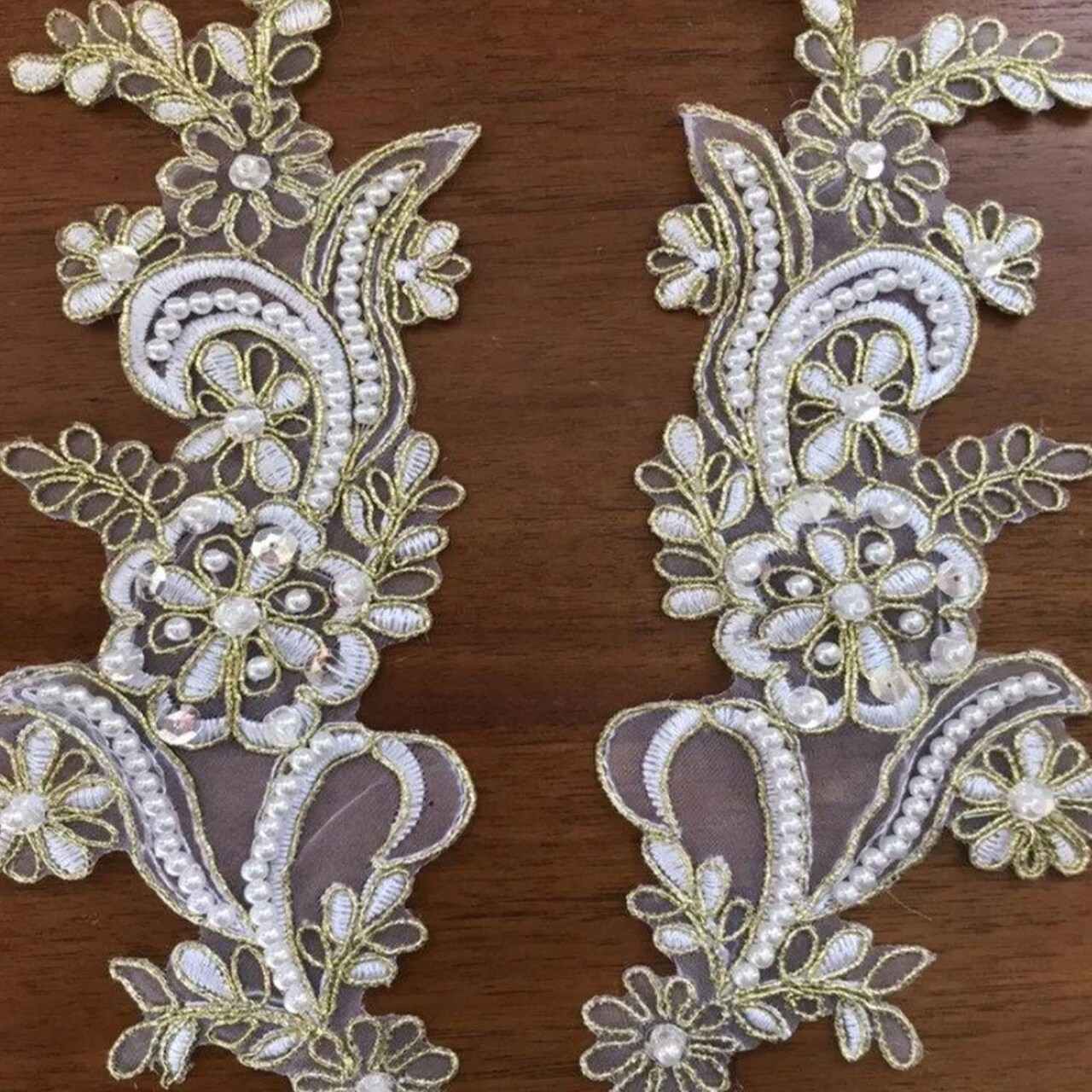 2 Pieces White Metallic Gold Bridal Applique Pair Pearl Beaded Wedding Embellishment